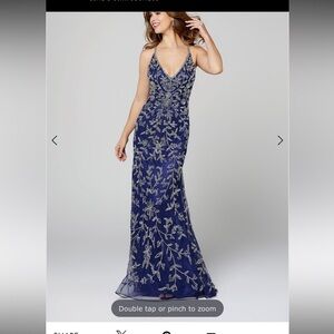 Primavera Couture Navy Blue Embellished V-Neck Prom Gown